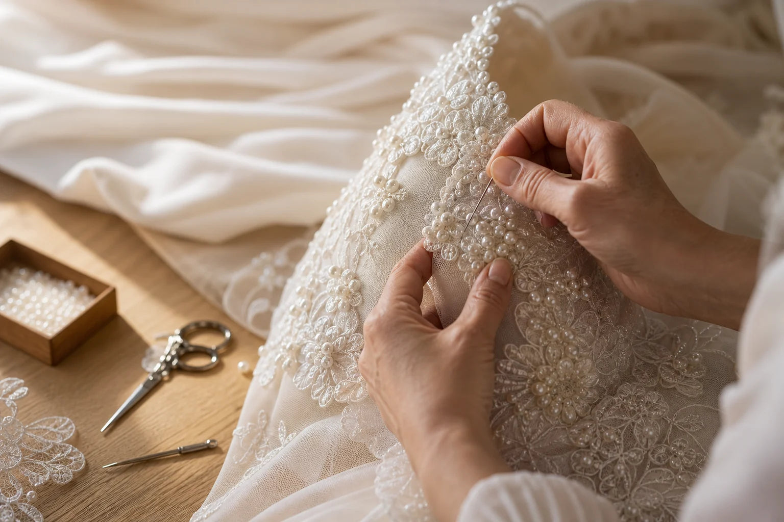 Pearl and lace details applied by hand