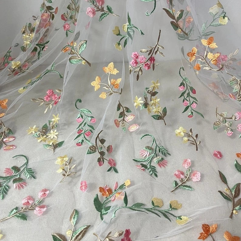 Multicolor Embroidery Floral Colorful Tulle Fabric for Bridal Veil Wedding Dress (4M)