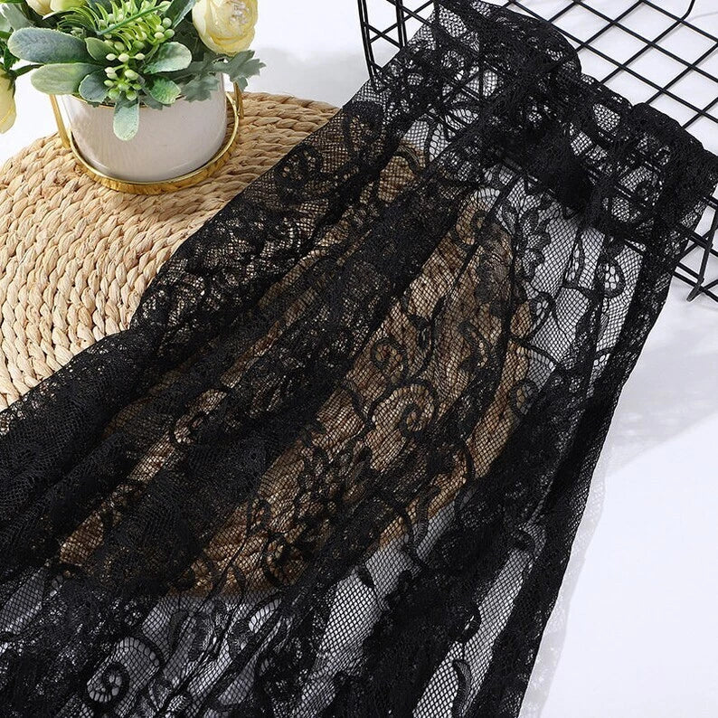 Romantic Peony Flower Lace Fabric Floral Embroidery Tulle Lace for Wedding Dress - Black (3M)