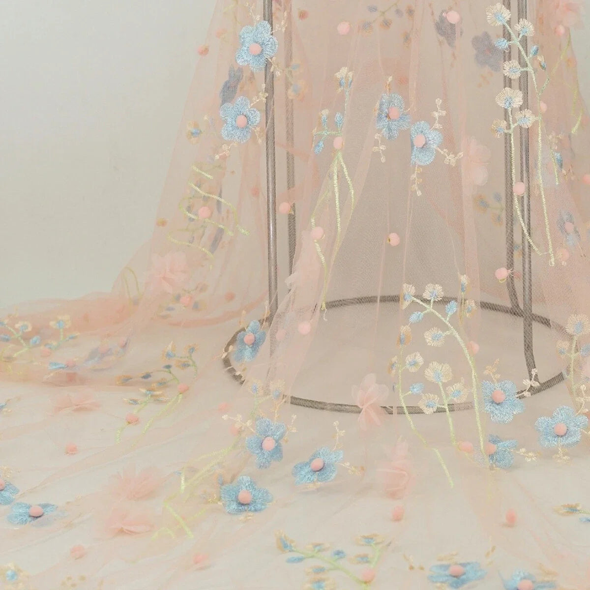 Lace Embroidery Fabric Flower Mesh Voile Tulle Floral Dress Skirt Curtain 3D DIY (1M)