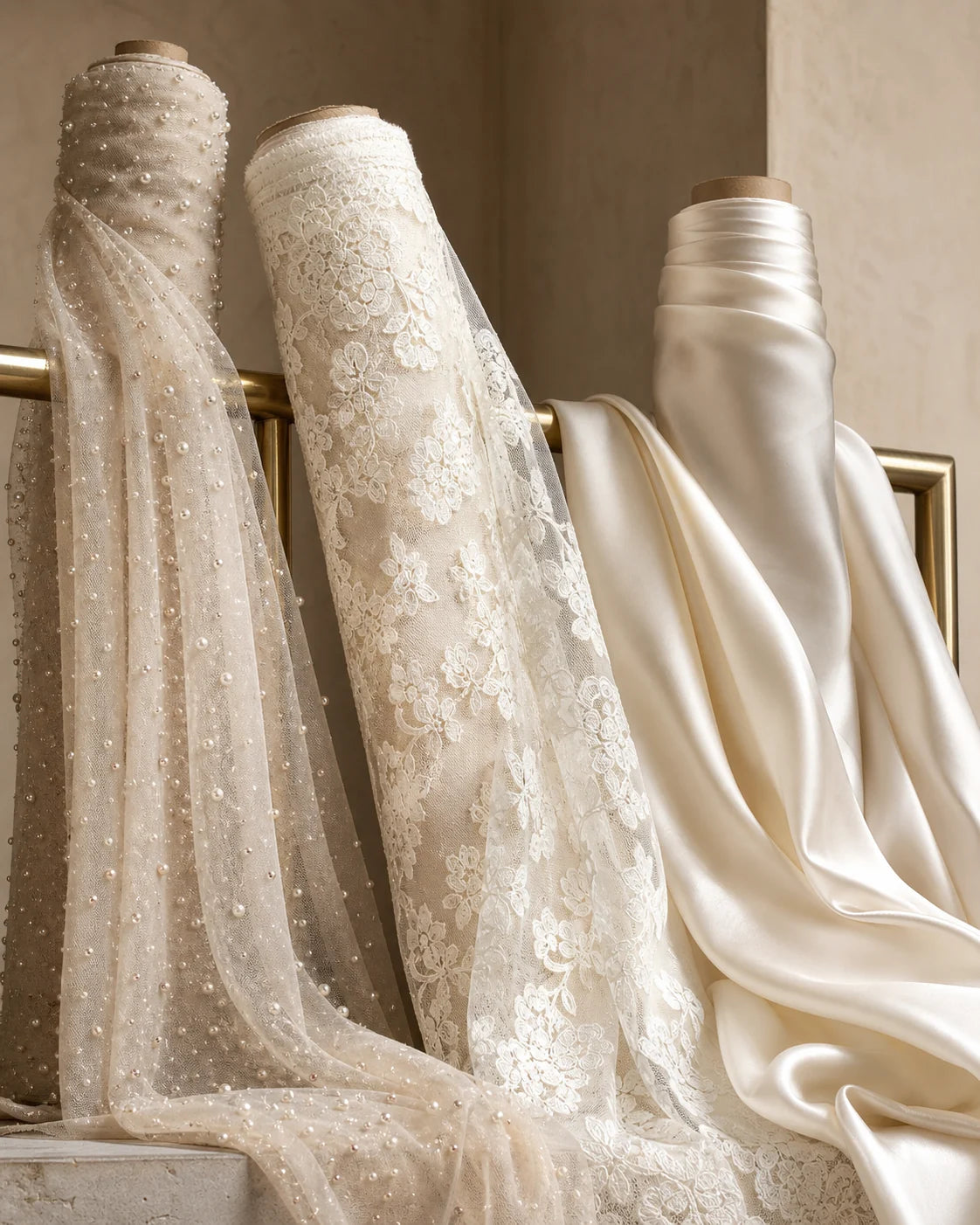 Ivory lace, silk satin and pearl-beaded tulle fabrics
