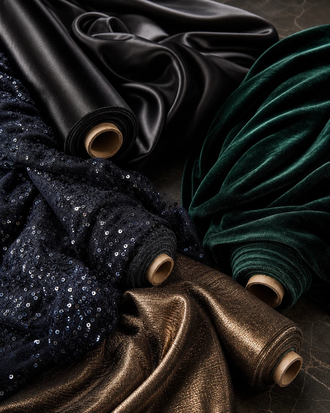 Black satin, sequined tulle, velvet and metallic evening fabrics
