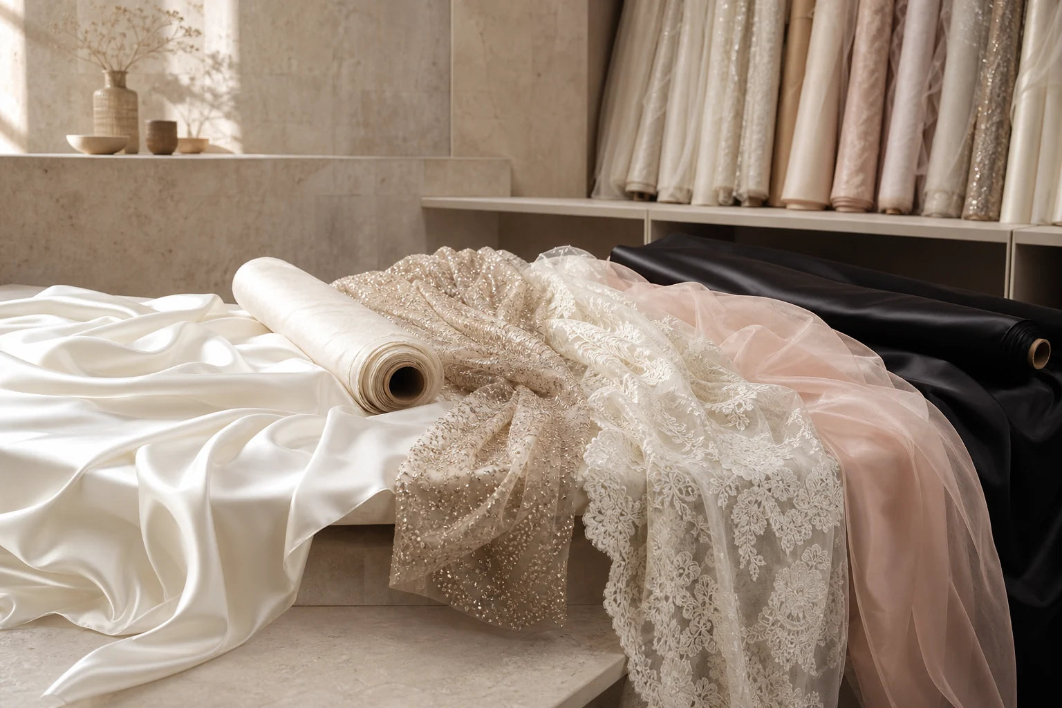 Luxury silk, lace, tulle and satin dress fabrics arranged in a textile atelier